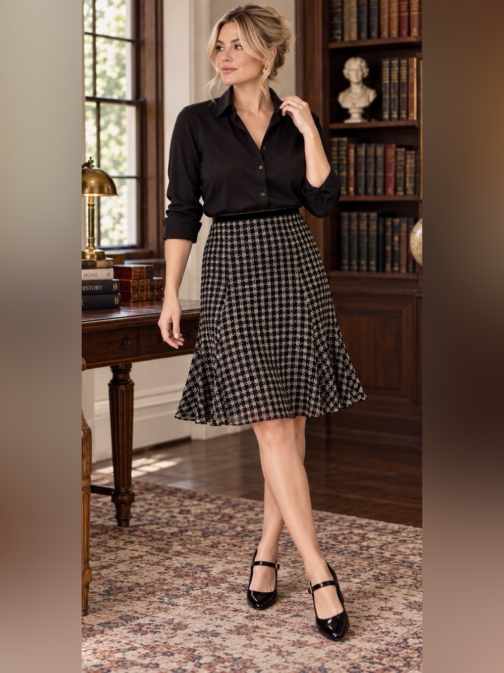 AK Anne Klein Silk Skirt Women’s 12 Black Ivory Geometric Flare Y2K Midi